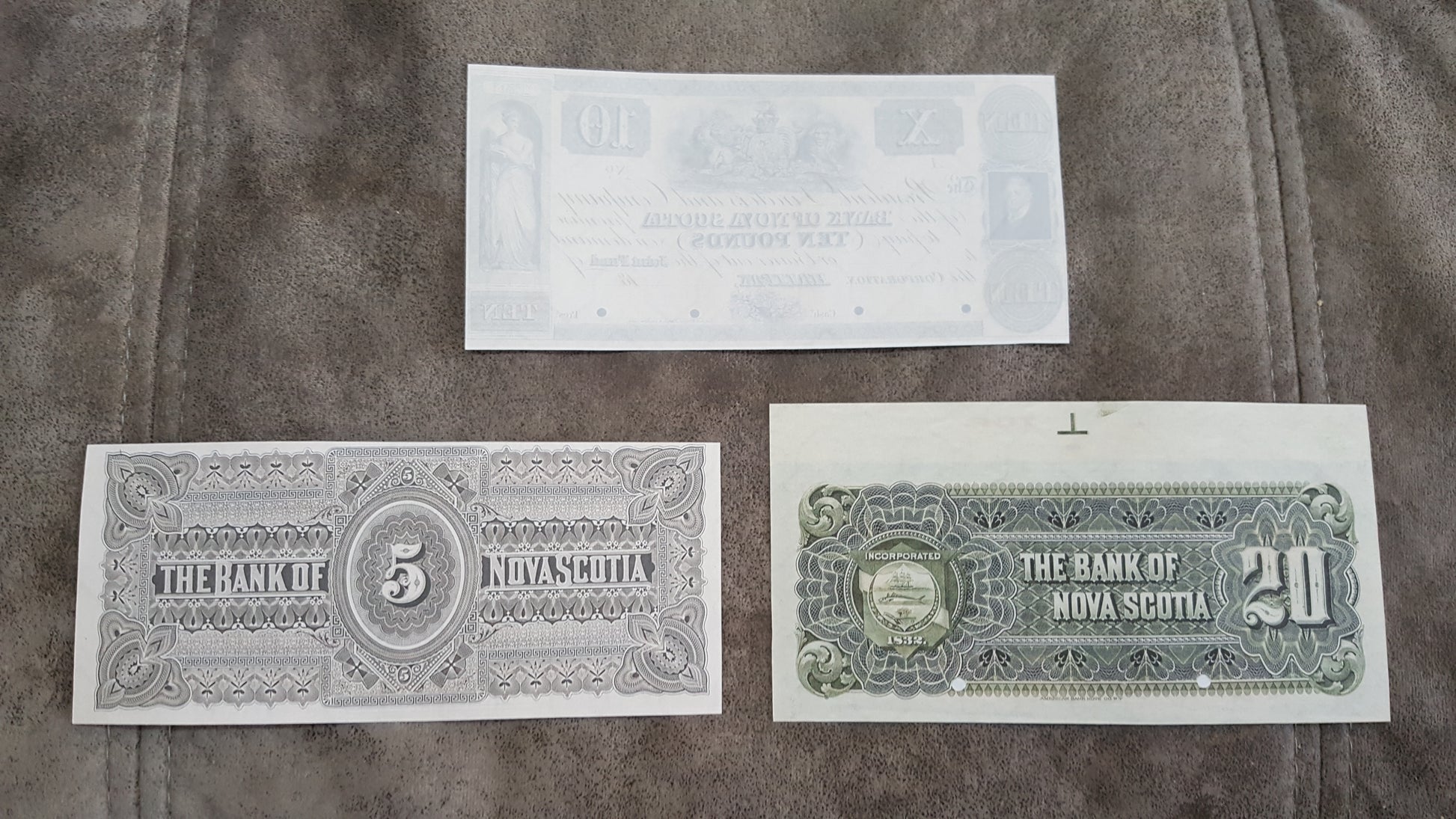 Canada Bank of Nova Scotia 10 Pound 1852, 5 Dollar 1881 1908 Notes Reverse