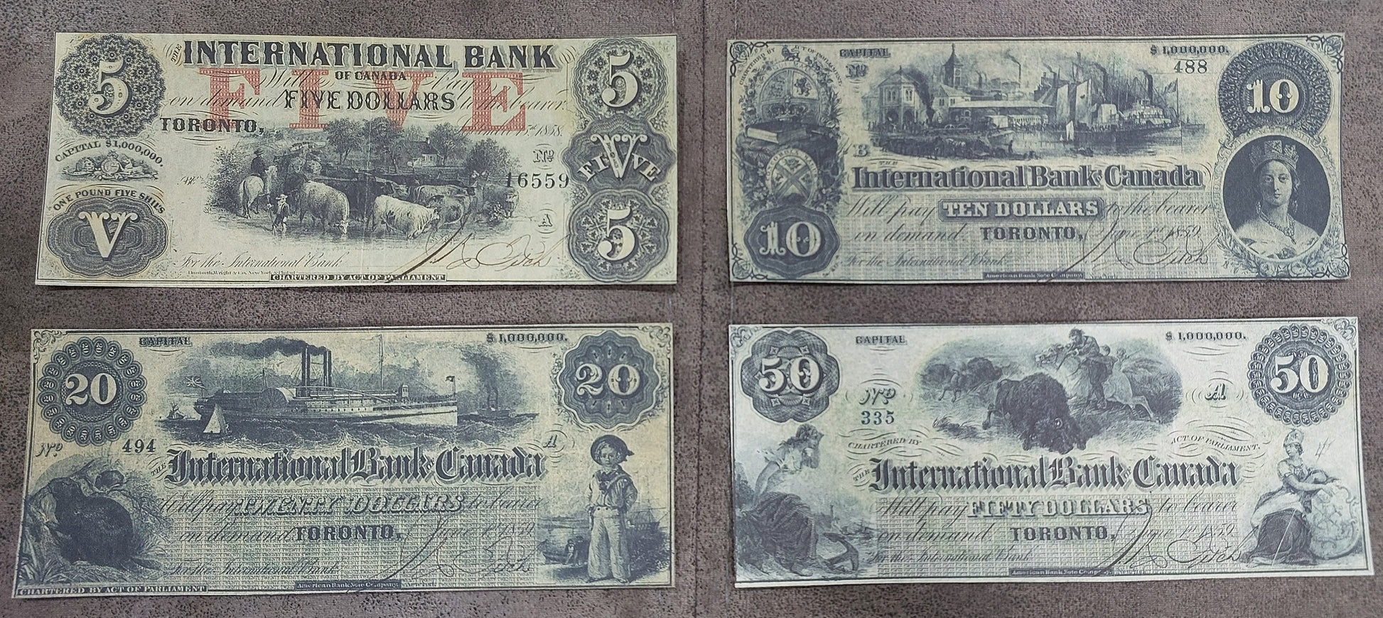 Canada International Bank 2 Dollar 1858, 5 Dollar 1858 and 10 Dollar 1859 Notes  Canada International Bank 20 Dollar 1859 and 50 Dollar 1859 High Denomination Notes