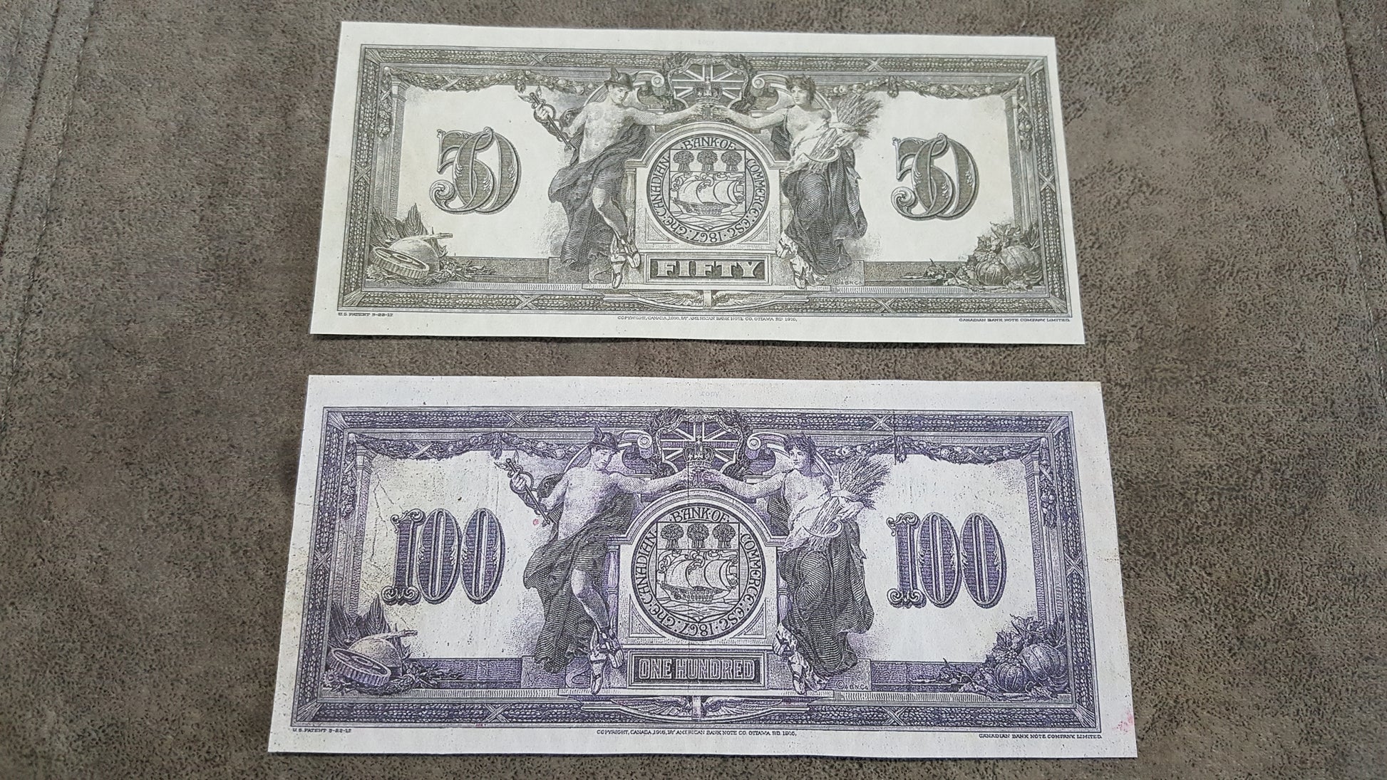 Canadian Bank of Commerce High Denomination 50 and 100 Dollar 1917 Notes Reverse