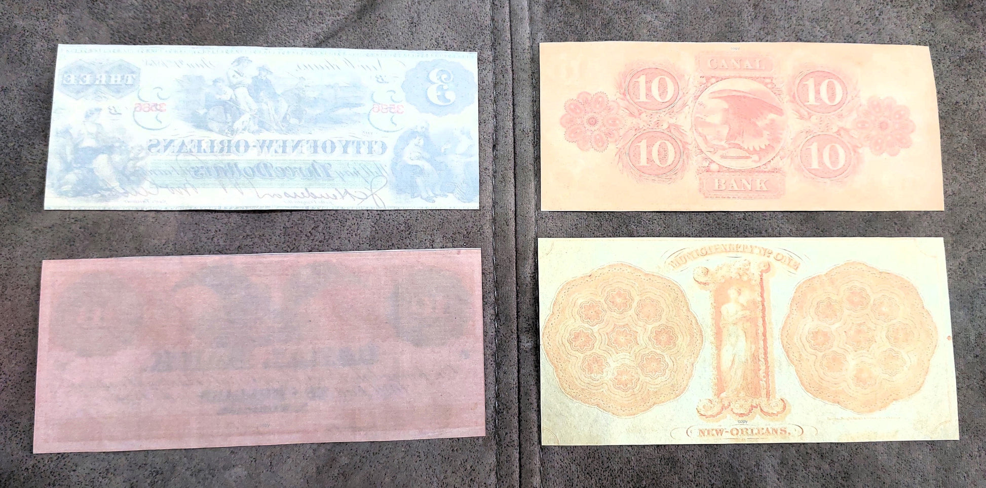 City of New Orleans 3 Dollar & Canal Bank 10 Dollar obsolete notes reverse side