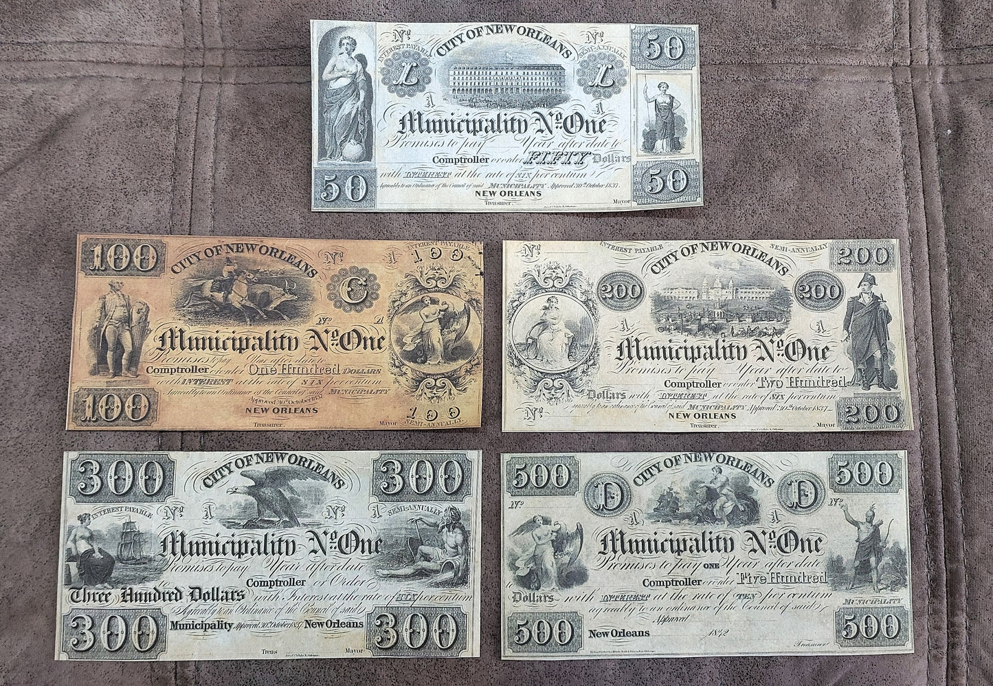 City of New Orleans 50 Dollar 1842, 500 Dollar & 100 Dollar 1837 obsolete notes front