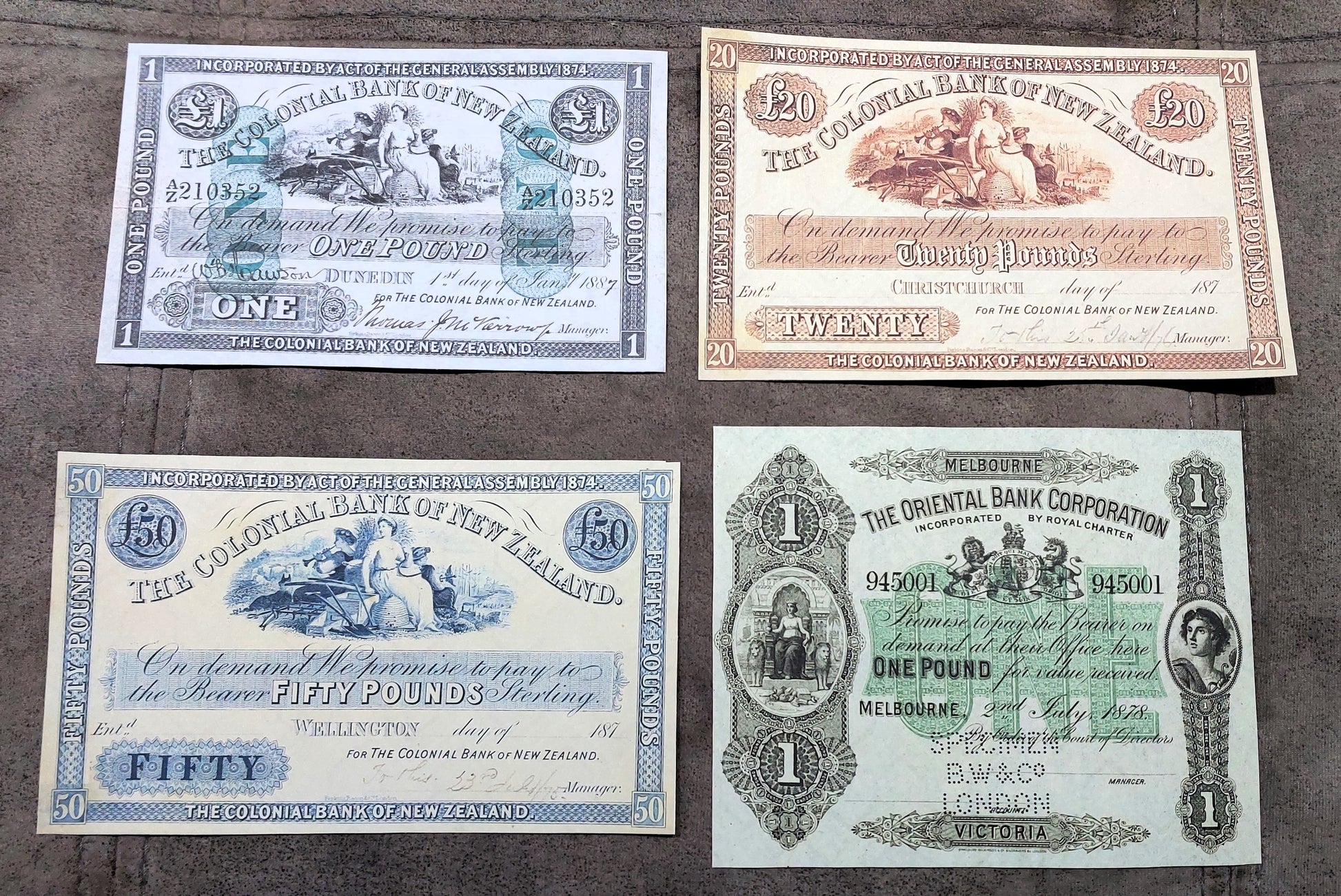 Colonial Bank of New Zealand 1, 20, 50 Pound & Oriental Bank Corporation 1, 5 Pound Notes