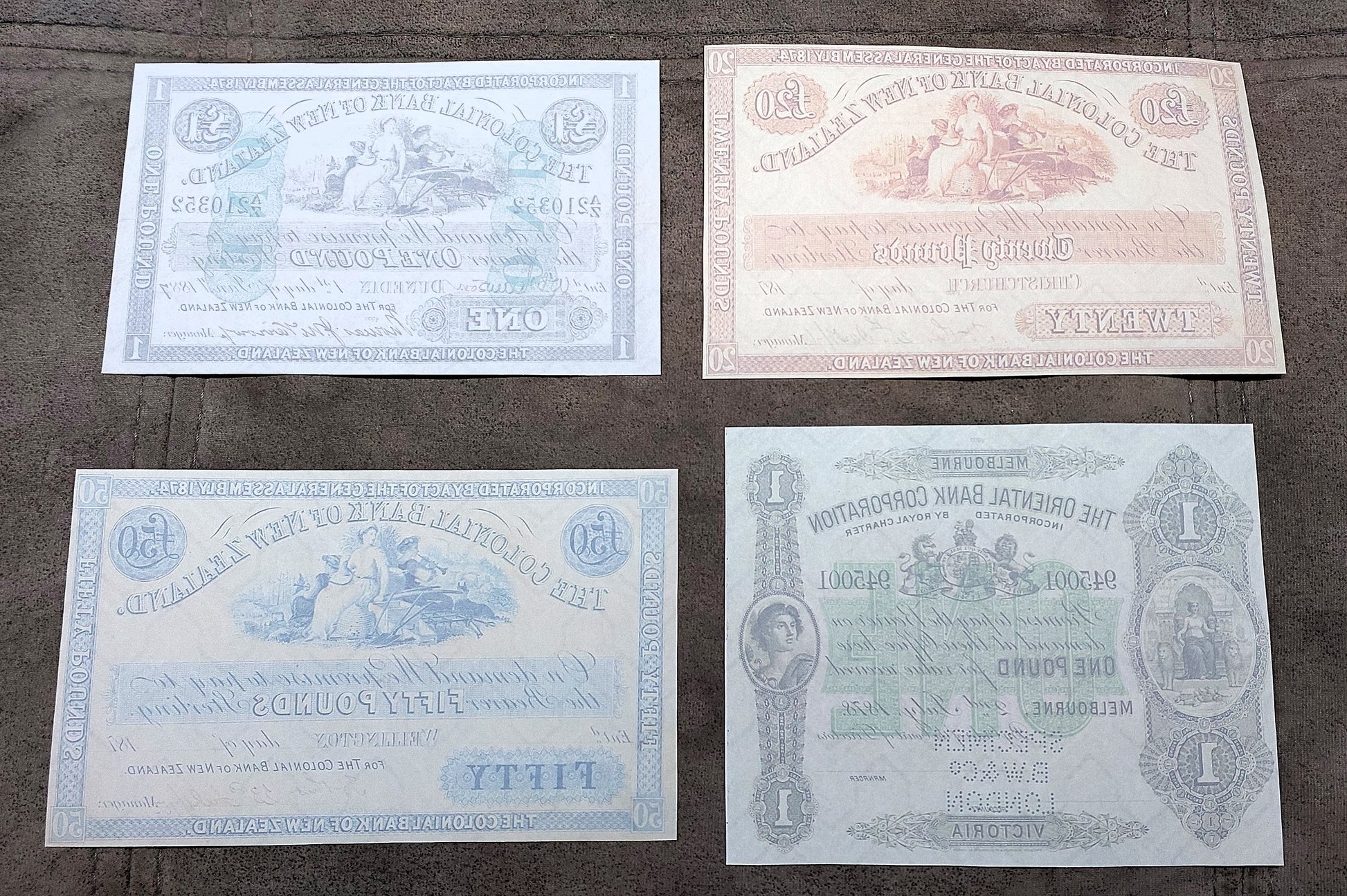 Colonial Bank of New Zealand and Oriental Bank Corporation Banknotes Reverse Side