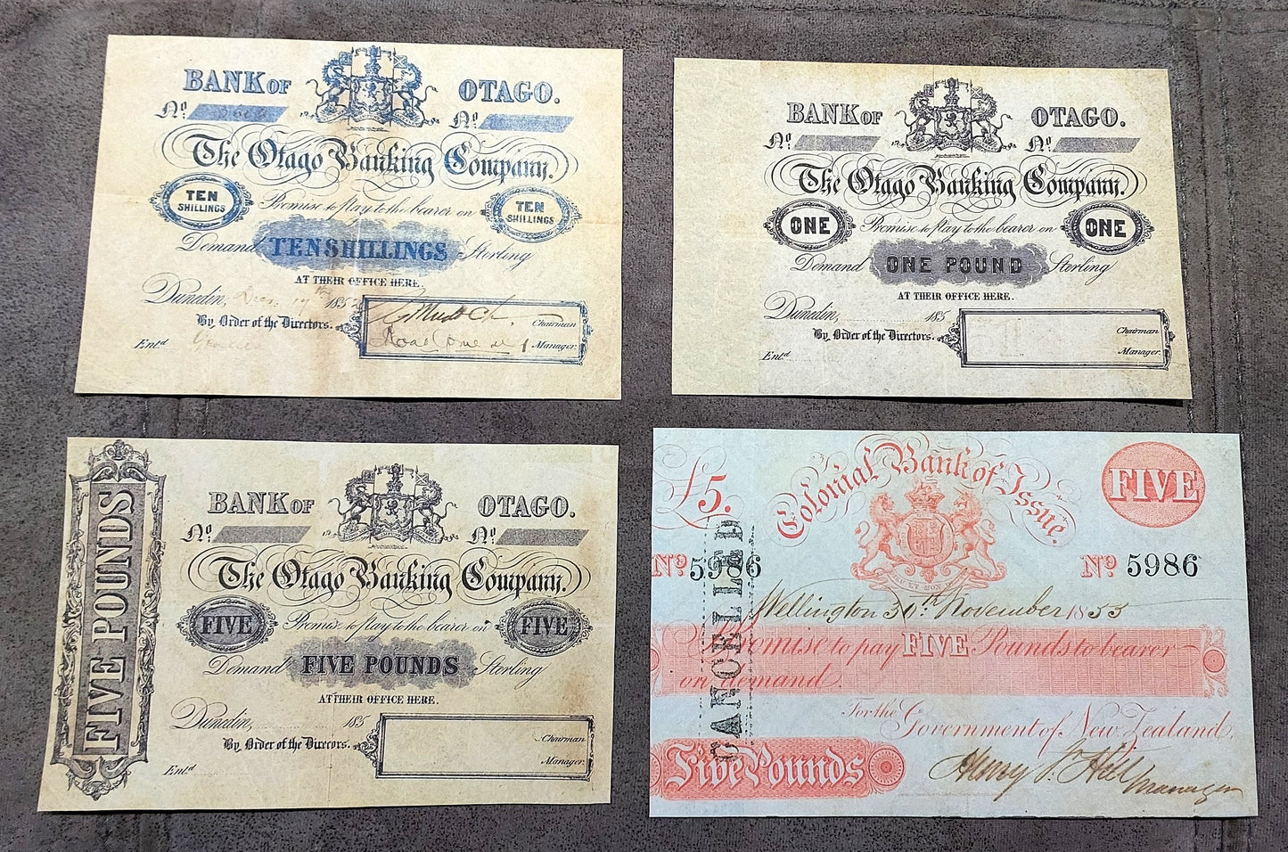 Colonial Bank of Issue 10 Shillings 1852, 1 Pound 1852 and 5 Pound 1852-1855 Specimen Notes
