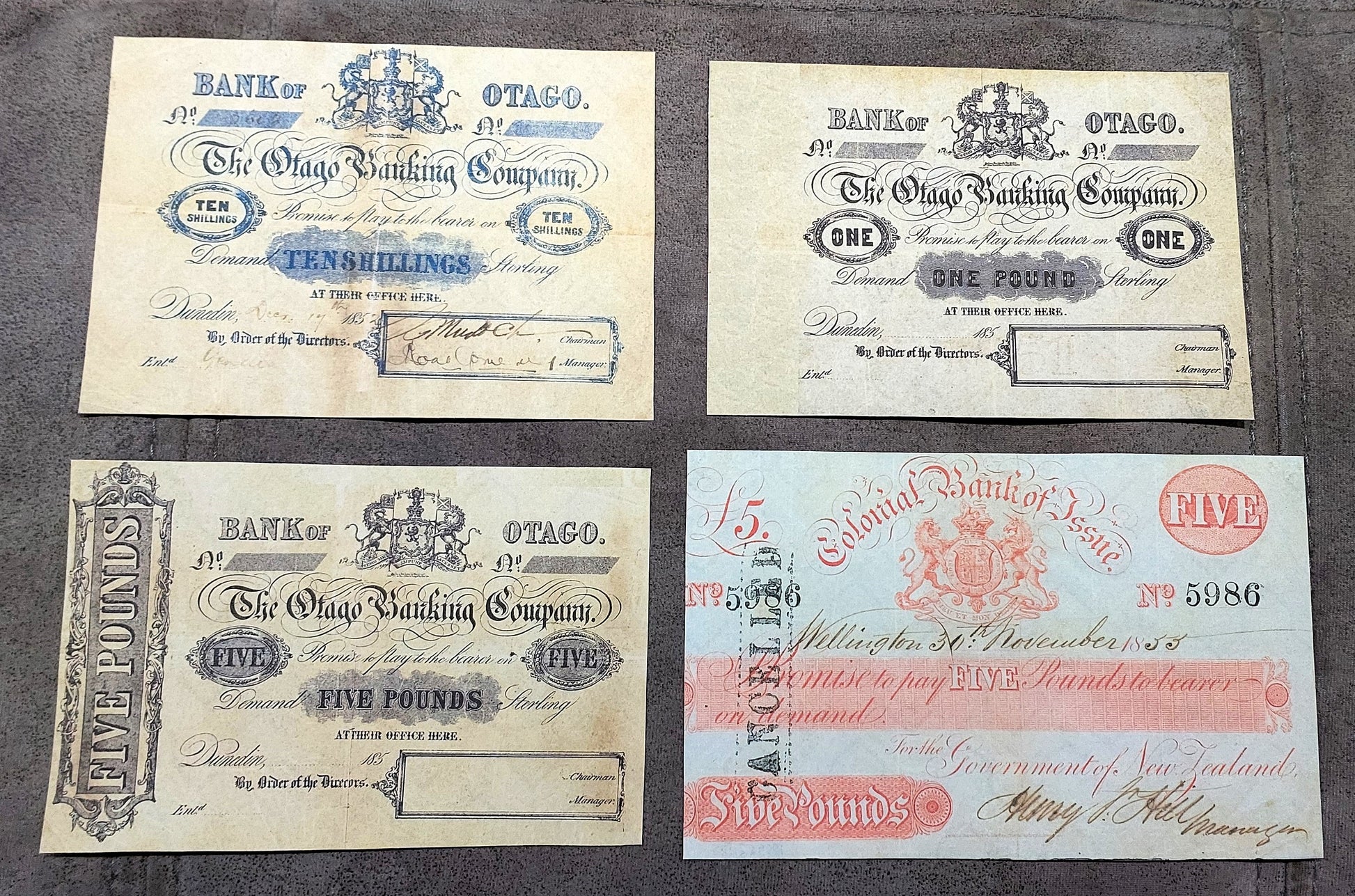 Colonial Bank of Issue 10 Shillings 1852, 1 Pound 1852 and 5 Pound 1852-1855 Specimen Notes