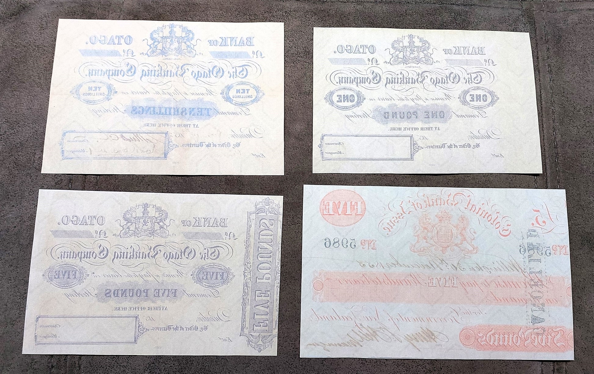 Colonial Bank of Issue 10 Shillings and 1-5 Pound Early Banknotes Back Side