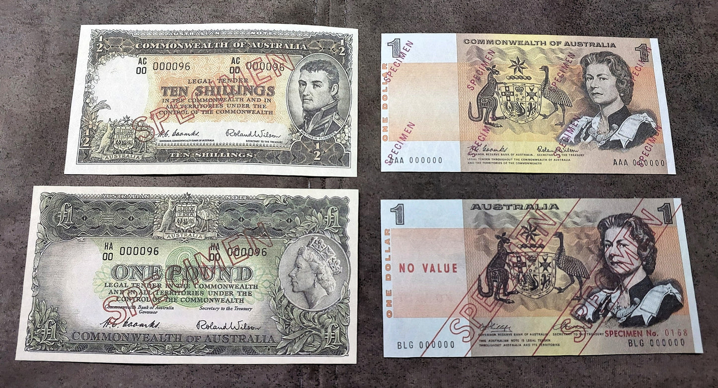 Commonwealth of Australia 10 Shilling 1954, 1 Pound 1953 & 1966-1974 Dollar Specimen Notes