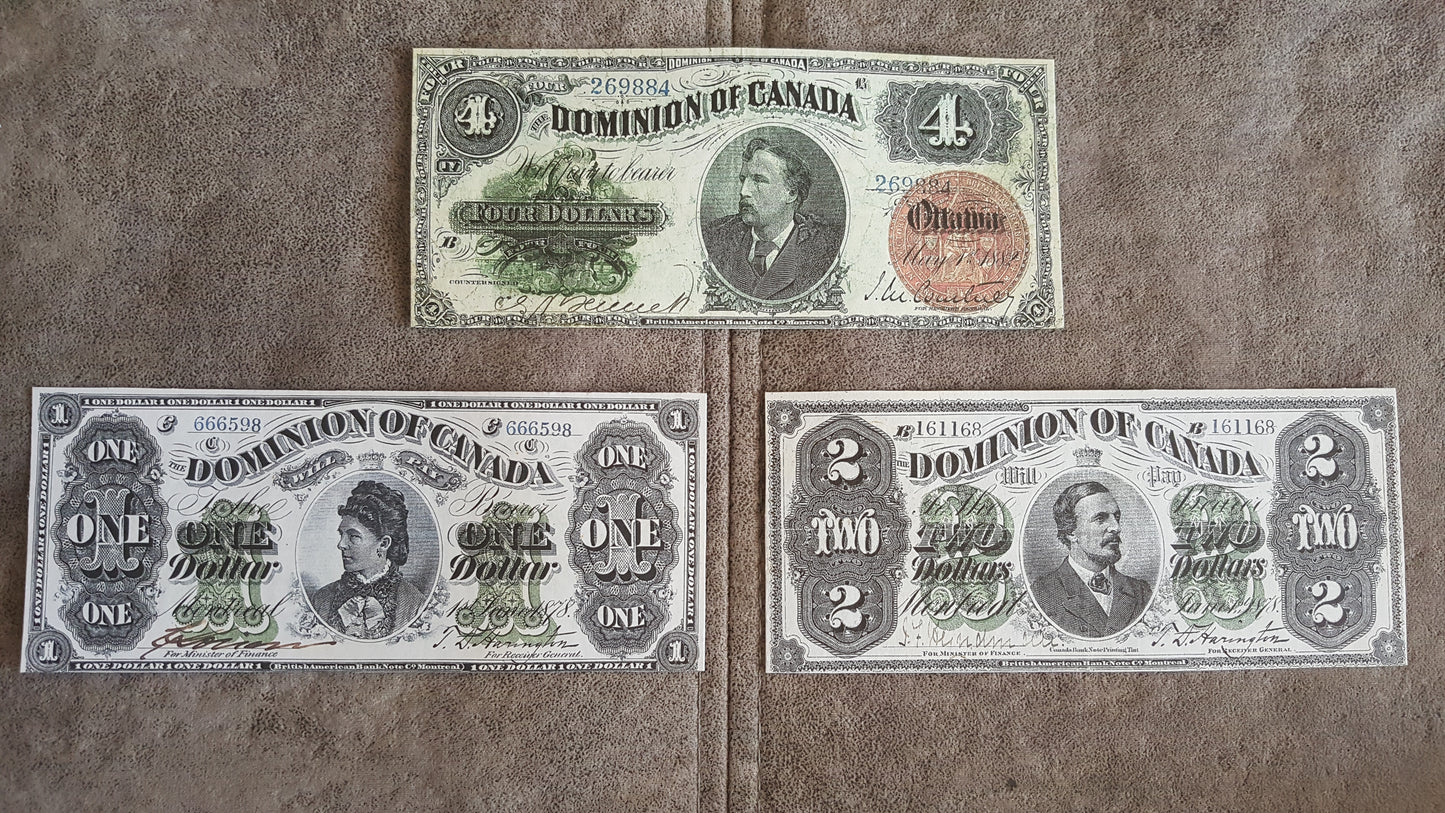 Dominion of Canada 1 Dollar 1878, 2 Dollar 1878 and Rare 4 Dollar 1882 Specimen Notes