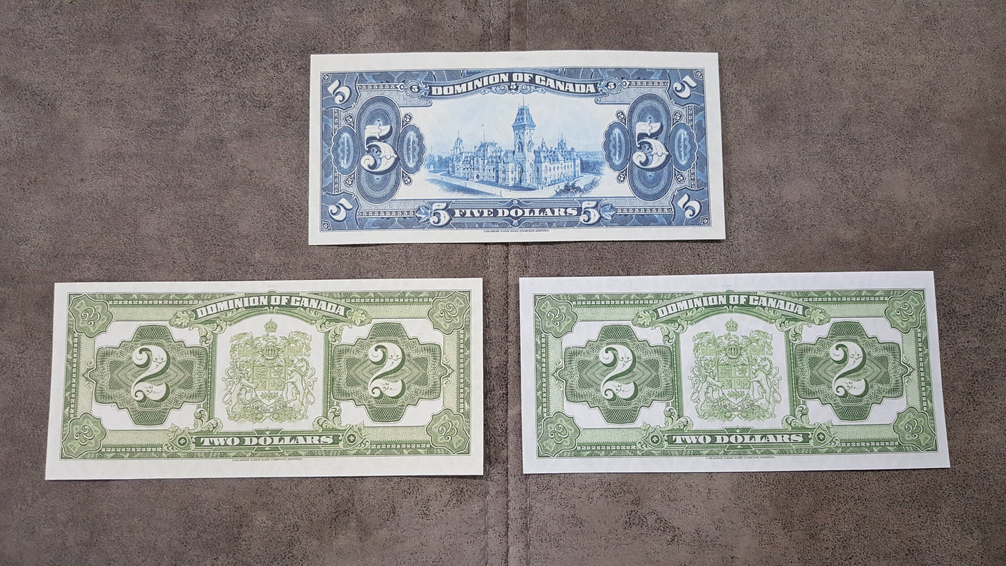 Dominion of Canada 2 Dollar and 5 Dollar 1924 Historical Banknotes Reverse Side