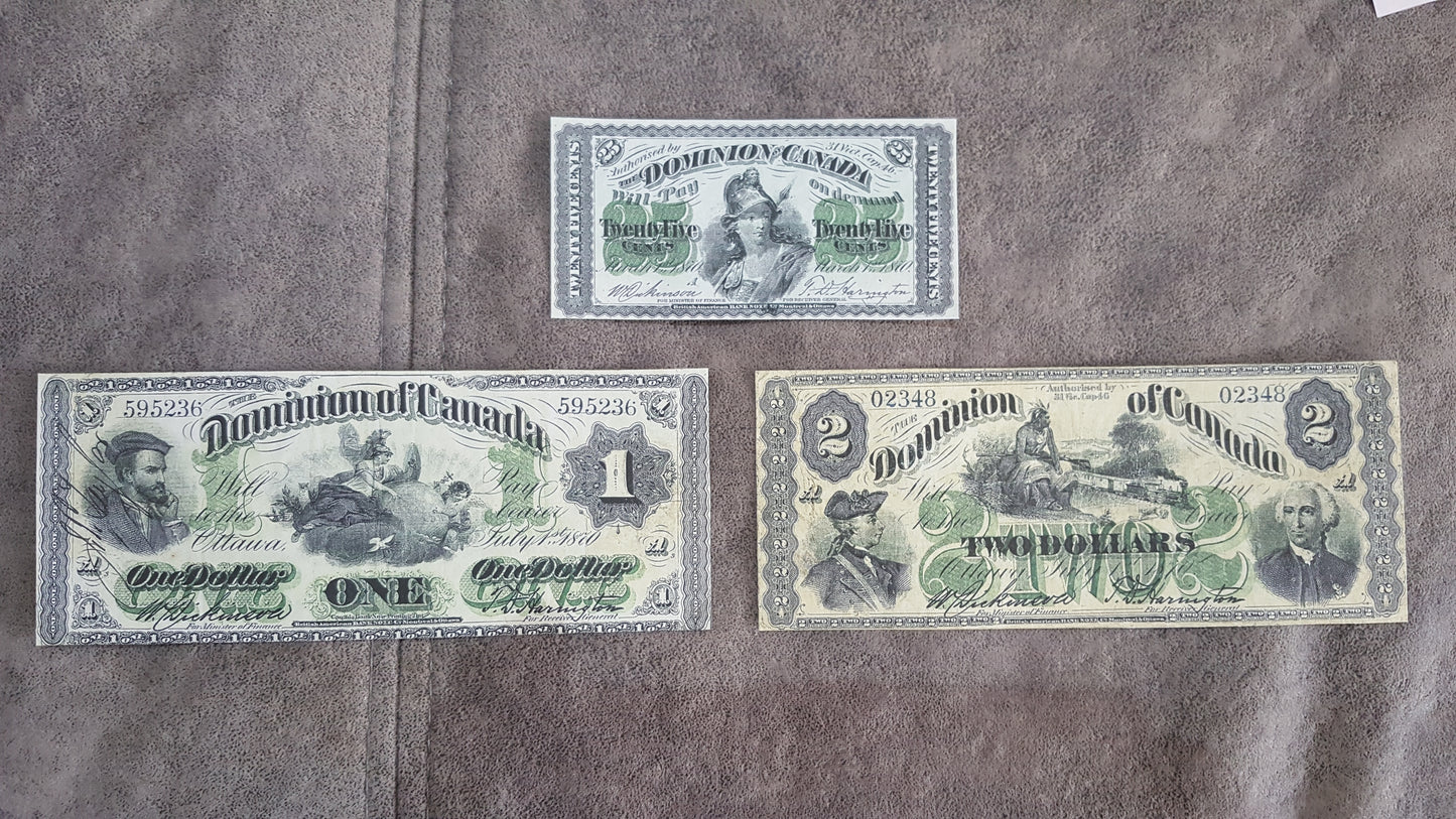 Dominion of Canada 25 Cent Fractional Currency, 1 Dollar and 2 Dollar 1870 Specimen Notes