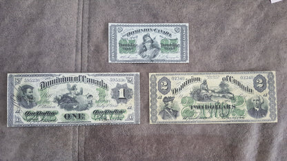 Dominion of Canada 25 Cent Fractional Currency, 1 Dollar and 2 Dollar 1870 Specimen Notes