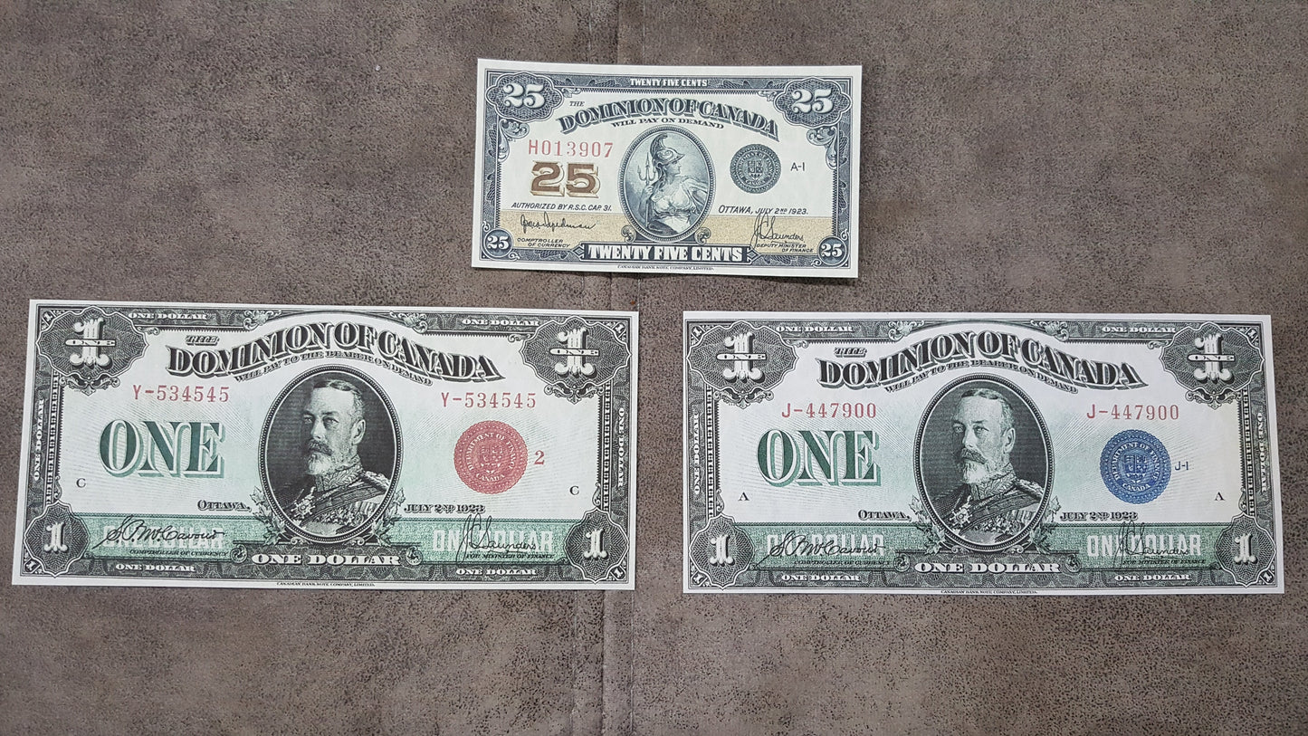 Dominion of Canada 25 Cent 1923 Fractional Currency and 1 Dollar 1923 Specimen Notes