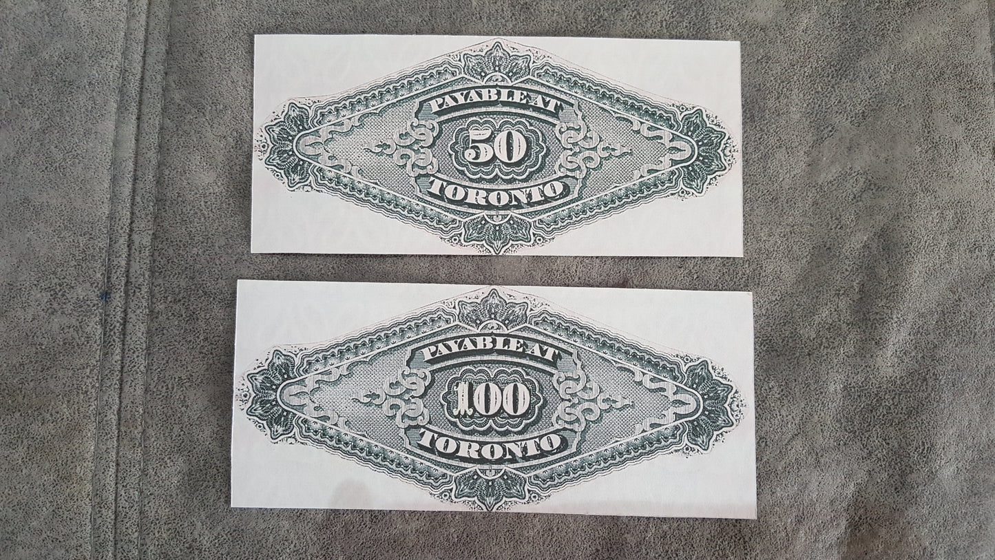 Dominion of Canada 50 Dollar and 100 Dollar 1871-1872 Treasury Numismatic Notes reverse