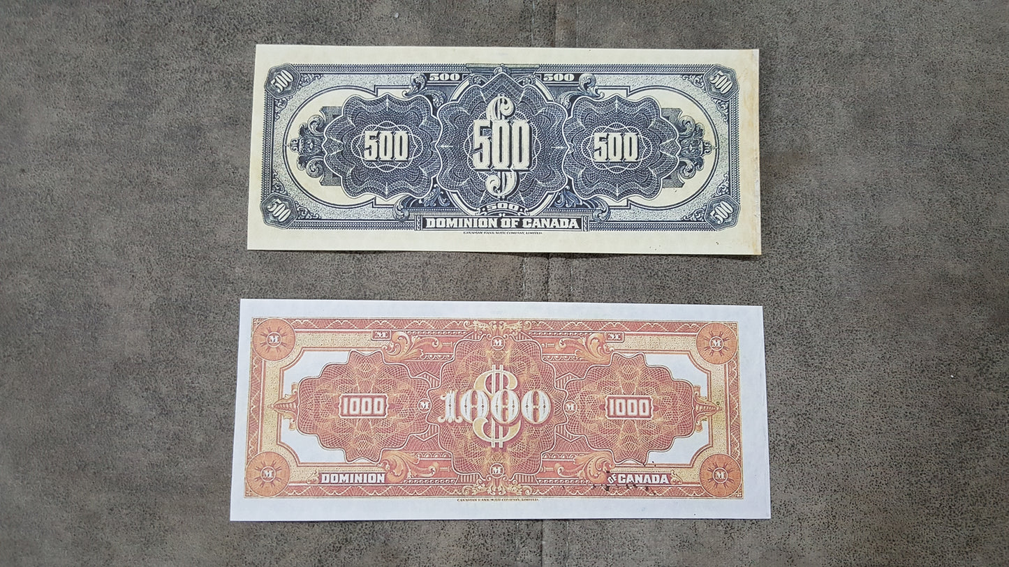 Dominion of Canada High Denomination 500 and 1000 Dollar 1924 Notes Reverse