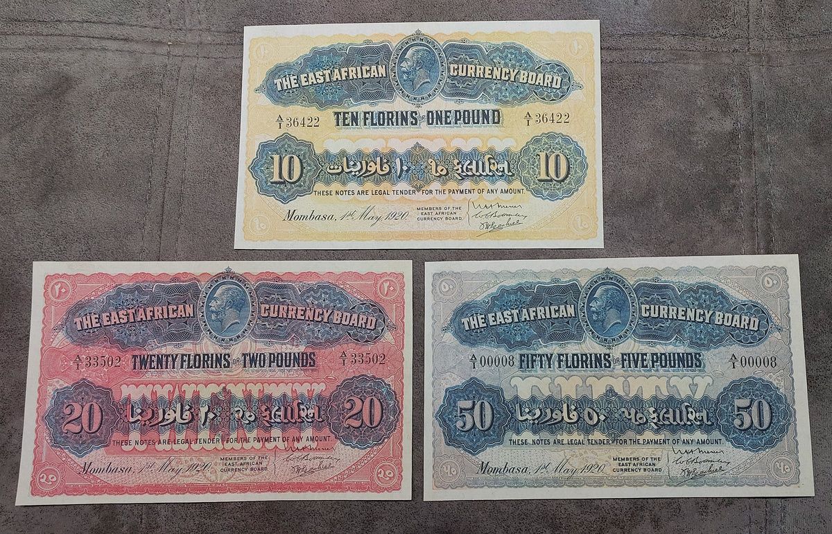 Two-note layout (pair) displaying front/obverse views of the rare 10 Florins and 20 Florins banknotes