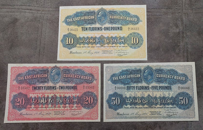 Two-note layout (pair) displaying front/obverse views of the rare 10 Florins and 20 Florins banknotes
