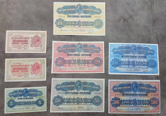 Full lot overview displaying all 8 East African banknotes from the 1920 Rupee and Florin currency series.
