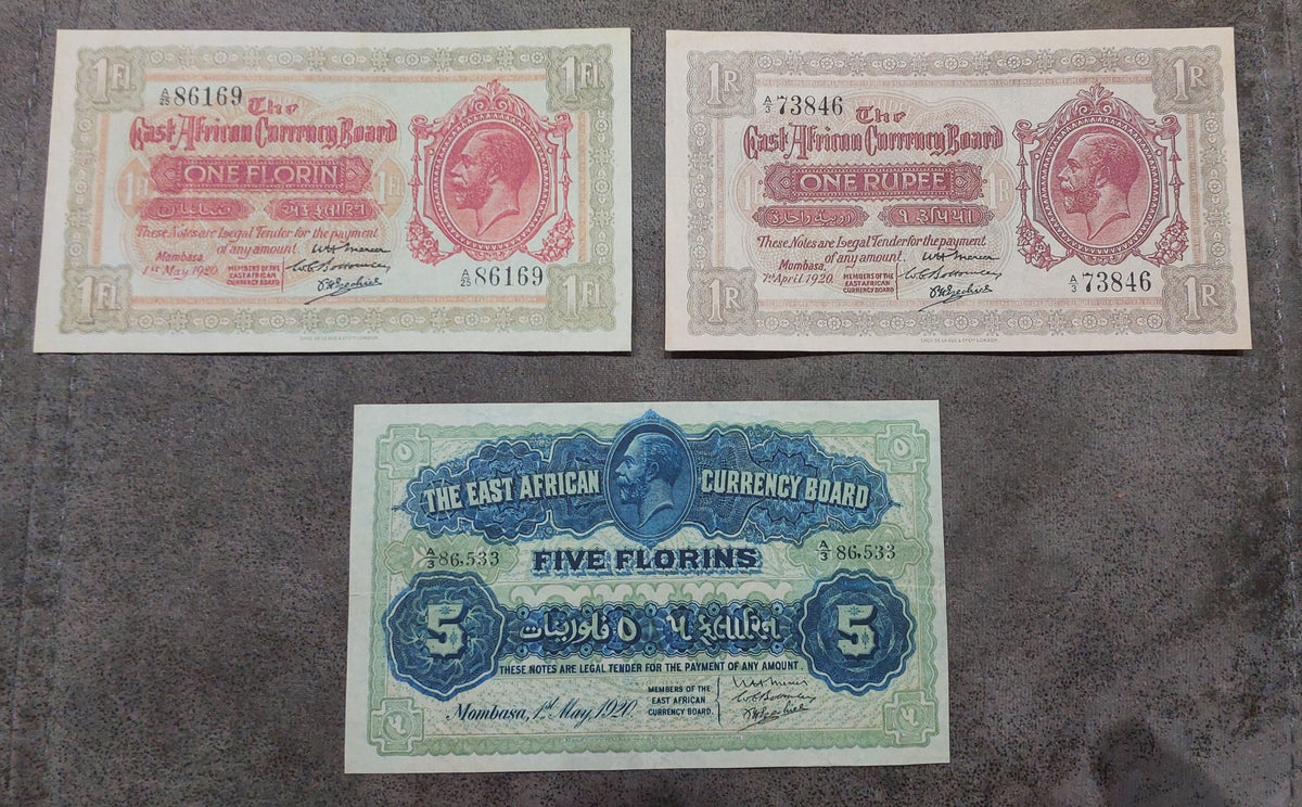 Group of 3 banknotes (trio) featuring front/obverse views of the 1 Rupee, 1 Florin, and 5 Florins notes