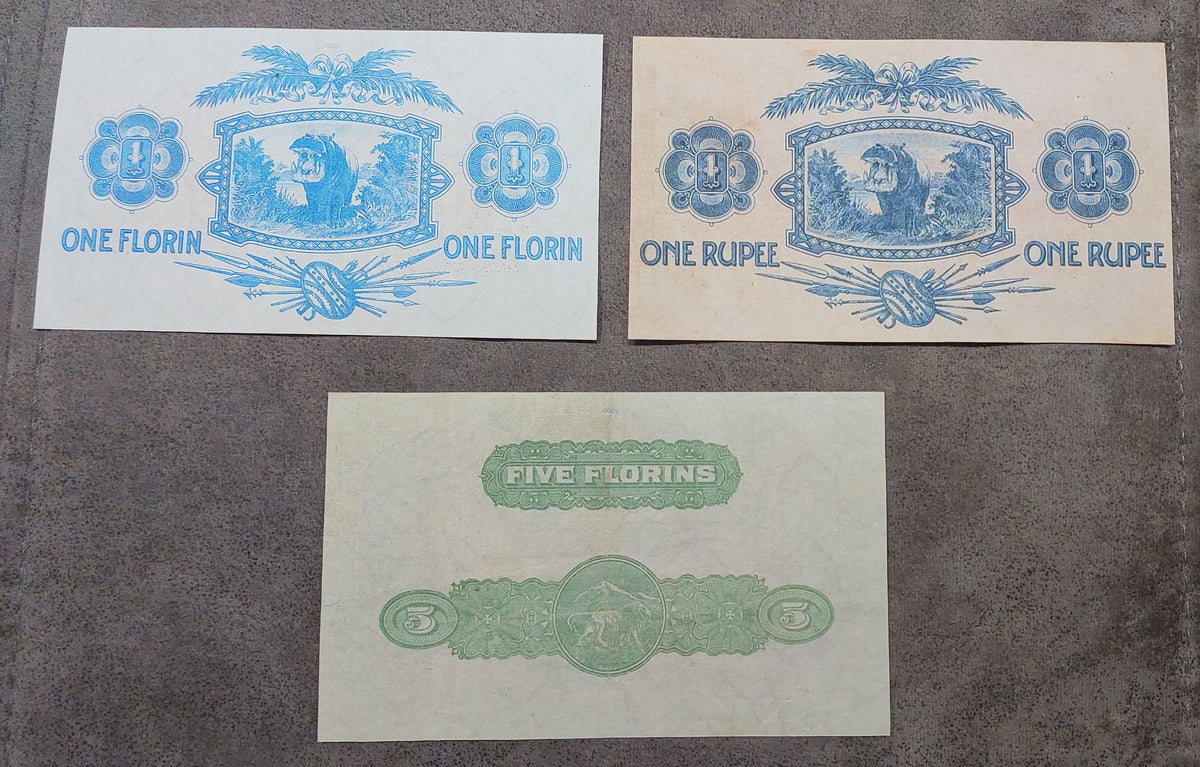 Group of 3 banknotes (trio) featuring front/obverse views of the 1 Rupee, 1 Florin, and 5 Florins notes back