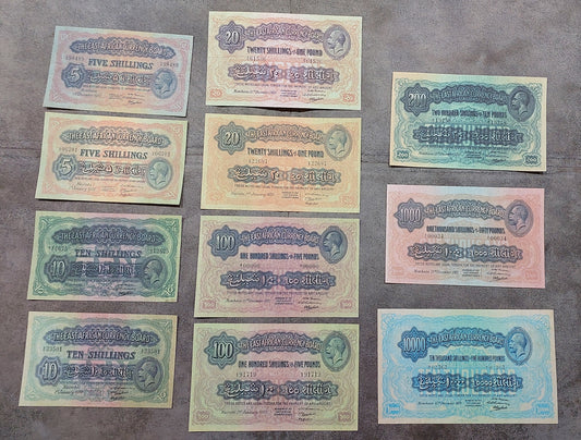 Full lot overview showcasing all 11 historical East African Shilling/Pound banknotes (1921–1933) arranged together.