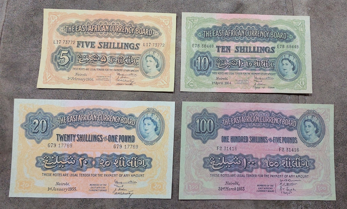 Four-note grid layout (quartet) featuring front/obverse views of the early Queen Elizabeth II series (5, 10, 20, and 100 Shillings).