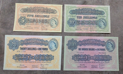 Four-note grid layout (quartet) featuring front/obverse views of the early Queen Elizabeth II series (5, 10, 20, and 100 Shillings).
