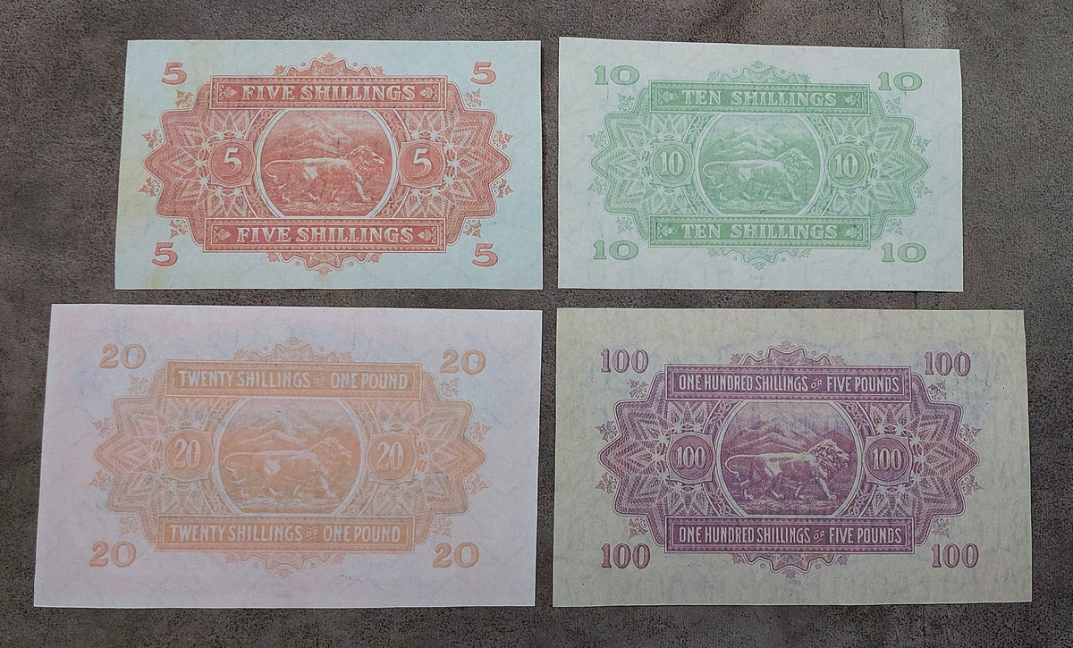 Four-note grid layout (quartet) showing the back/reverse side designs and guilloche patterns for the 1953–1956 issue notes.
