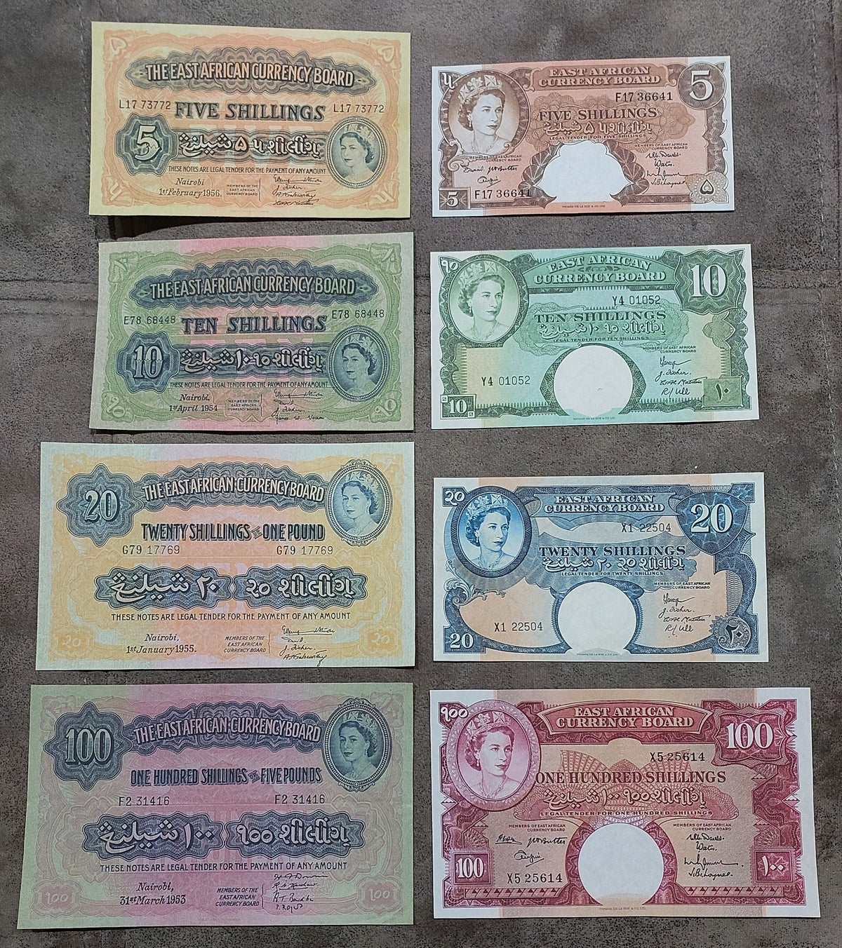 Full lot overview displaying all 8 East African Shilling banknotes (1953–1963) arranged in two parallel 4-note series columns.