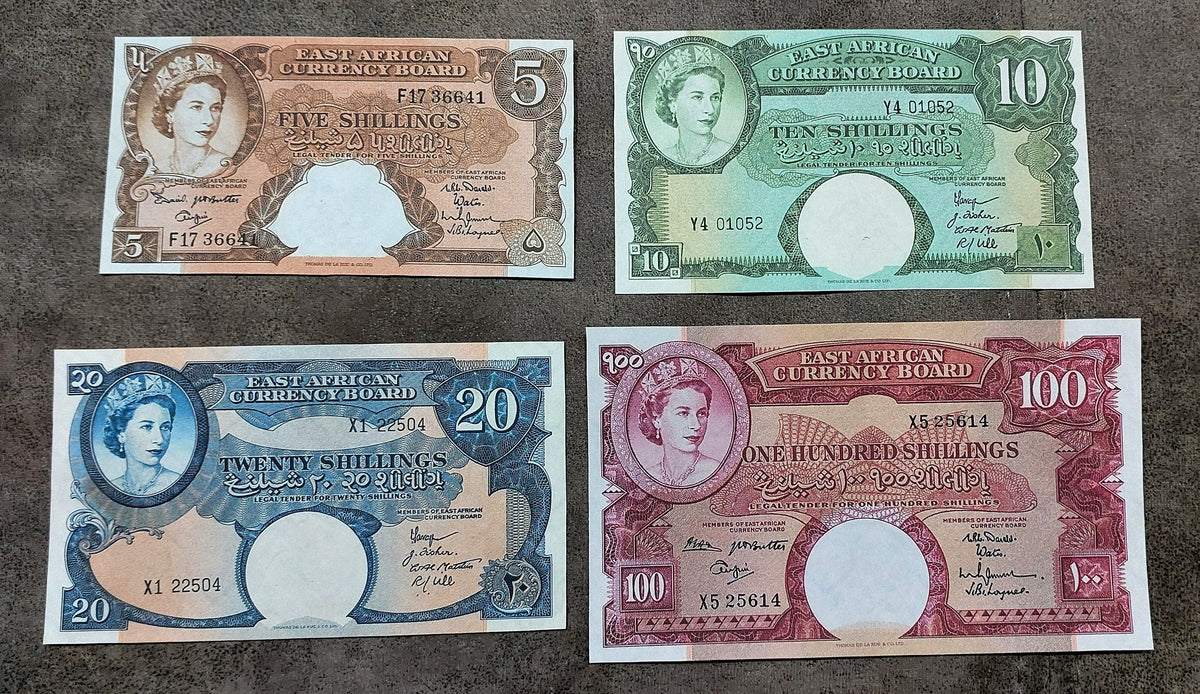 Four-note grid layout (quartet) featuring front/obverse views of the later Queen Elizabeth II series (5, 10, 20, and 100 Shillings).