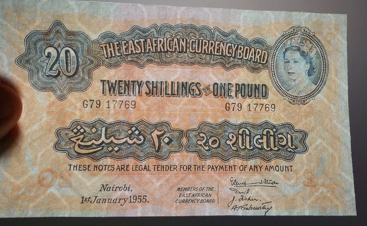 Detailed single-note close-up highlighting the intricate obverse border work, signatures, and Queen Elizabeth II portrait on the 20 Shillings note