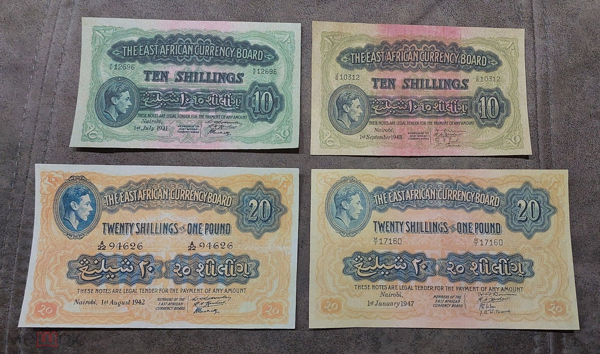 Group layout displaying front/obverse views of the 20 Shillings issues, including the 1942 3-signature Indian design and 1947 4-signature variety.
