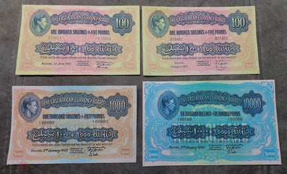 Four-note grid layout (quartet) featuring front/obverse views of the 100 Shillings varieties and the rare 1939 1,000 and 10,000 Shillings SPECIMEN notes.
