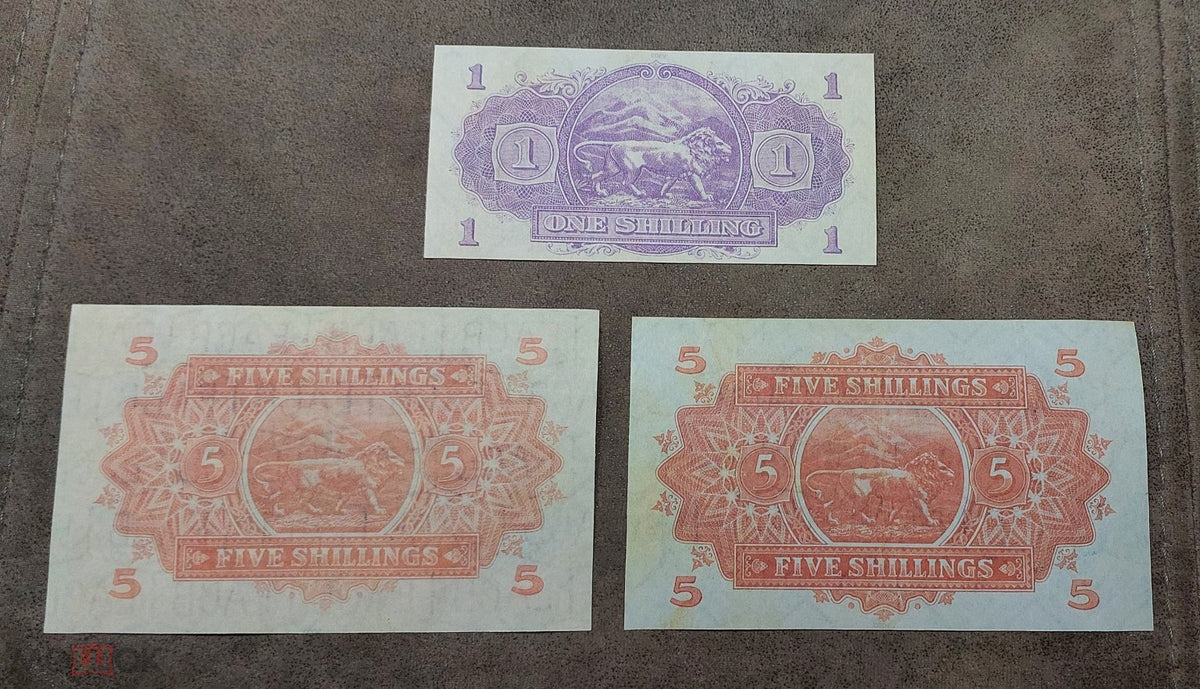 Group arrangement of 6 lower-denomination banknotes featuring front/obverse views of various 5 and 10 Shillings signature varieties back