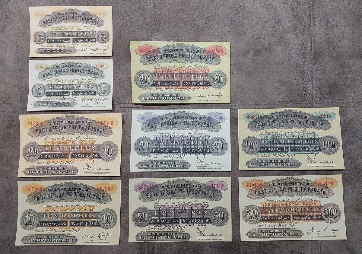 Full lot overview showcasing all 9 historical East Africa Protectorate Rupee banknotes (1905–1918) arranged together