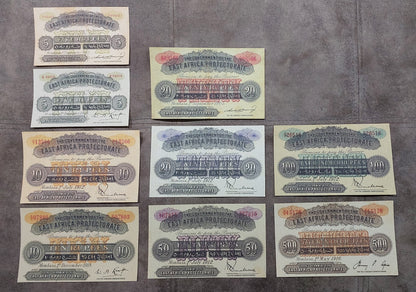 Full lot overview showcasing all 9 historical East Africa Protectorate Rupee banknotes (1905–1918) arranged together