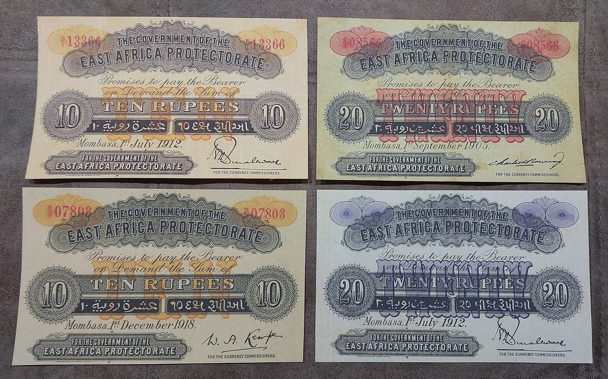 Four-note grid layout (quartet) displaying front/obverse views of the 10, and 20 Rupee series issues