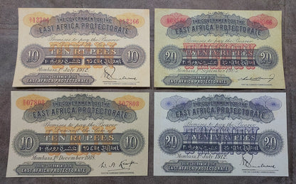 Four-note grid layout (quartet) displaying front/obverse views of the 10, and 20 Rupee series issues