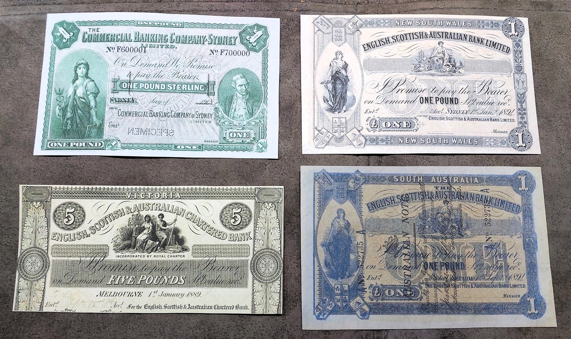 English Scottish & Australian Chartered Bank 5 Pound 1889, 1 Pound 1894 Sydney & South Australia Specimen Notes