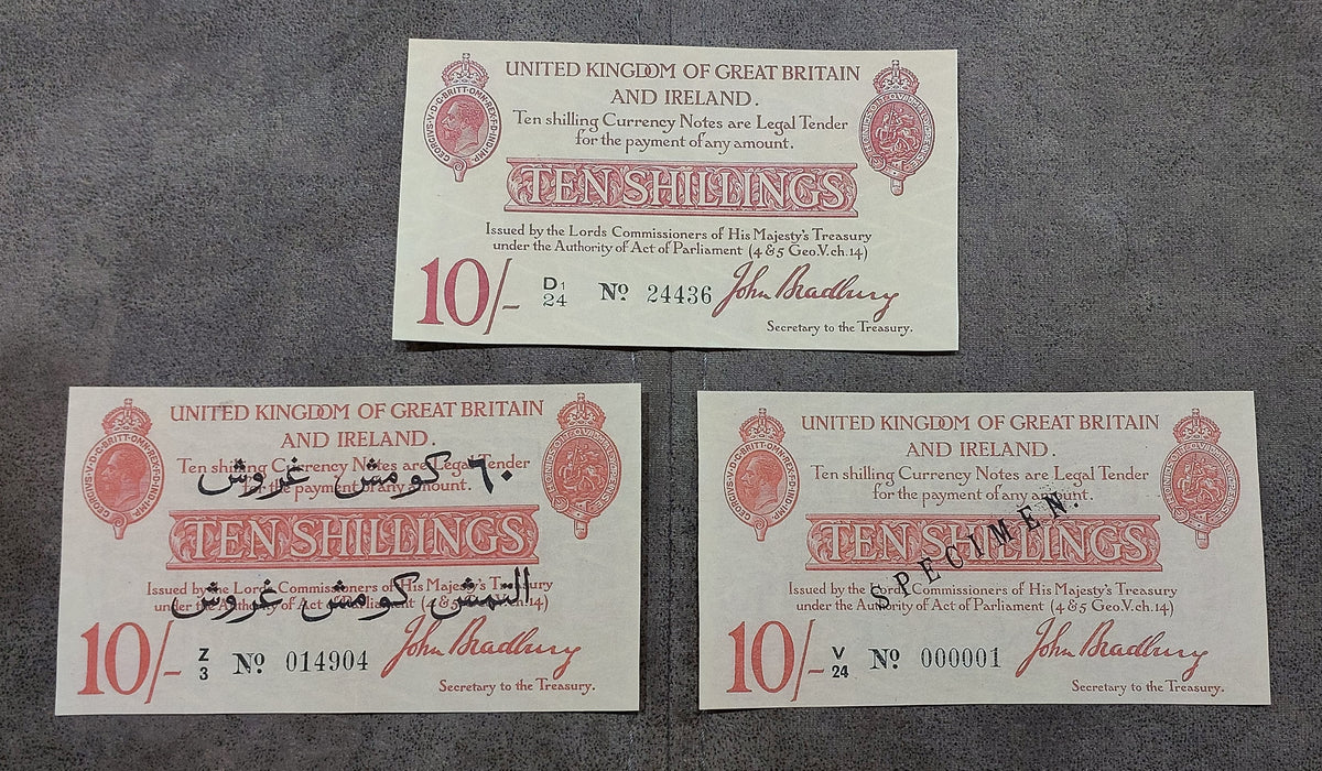 Obverse layout of Great Britain 1914 and 1915 treasury notes. Features early King George V WWI emergency currency layouts, rare Specimen versions, and unique Arabic 60 Piastres and 120 Piastres overprints issued for British troops in the Middle East.