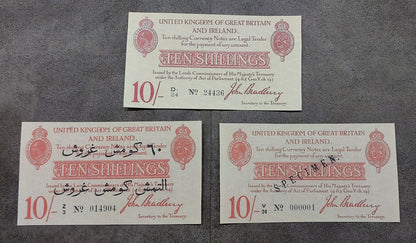 Obverse layout of Great Britain 1914 and 1915 treasury notes. Features early King George V WWI emergency currency layouts, rare Specimen versions, and unique Arabic 60 Piastres and 120 Piastres overprints issued for British troops in the Middle East.