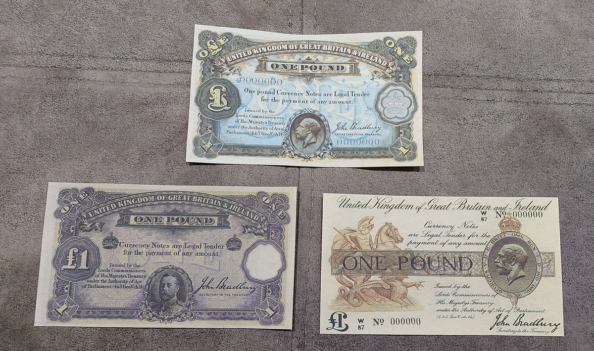 Obverse view of the United Kingdom 1914-1916 1 Pound treasury Proof notes. Highly sought-after numismatic variants displaying unique zero serial numbers (0000000) and sharp uncirculated plate details.