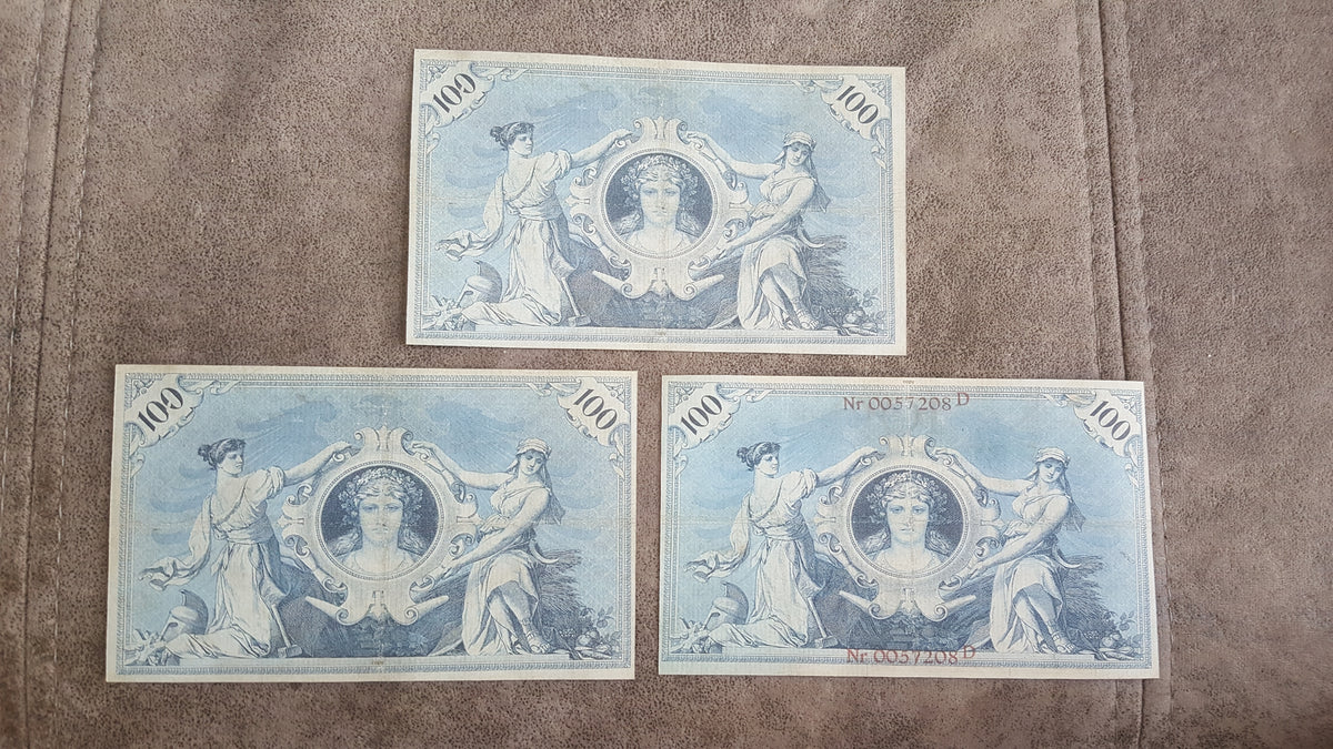  Reverse views of the Germany 100 Mark imperial paper currency varieties, showcasing complex anti-counterfeiting geometric lathe work, allegorical figures, and deep intaglio design contrast.