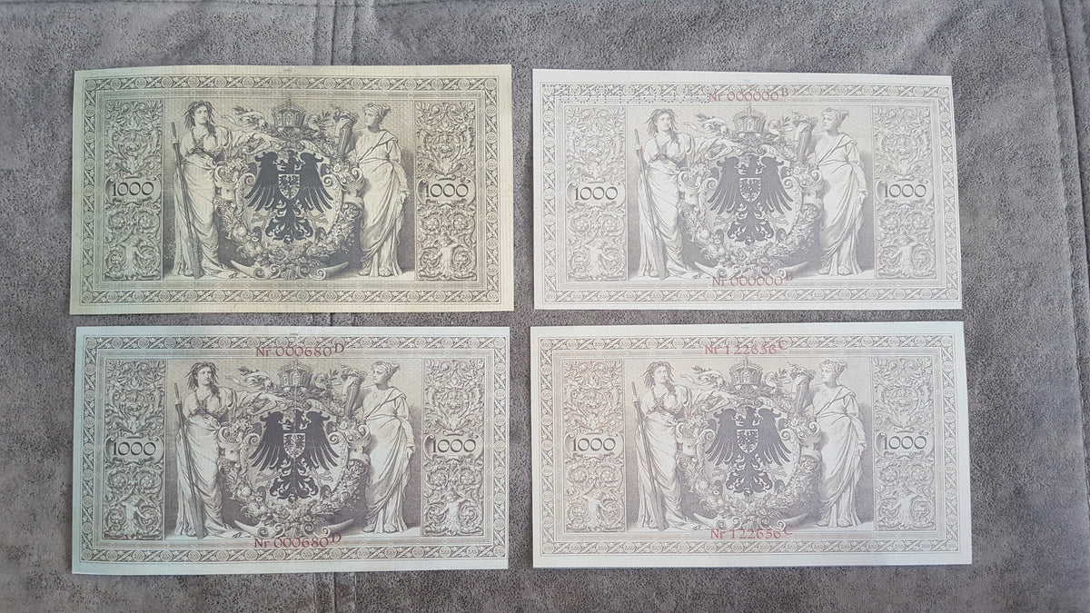  Reverse engraving configurations of the prestigious Germany 1000 Mark imperial currency lot. Highlights massive allegorical reverse vignettes, security border lines, and traditional German notaphily aesthetics.