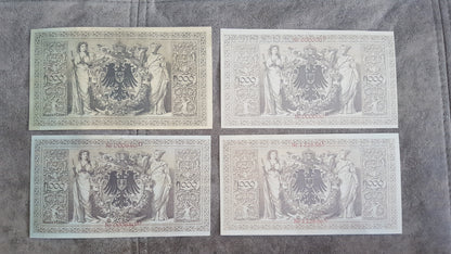  Reverse engraving configurations of the prestigious Germany 1000 Mark imperial currency lot. Highlights massive allegorical reverse vignettes, security border lines, and traditional German notaphily aesthetics.