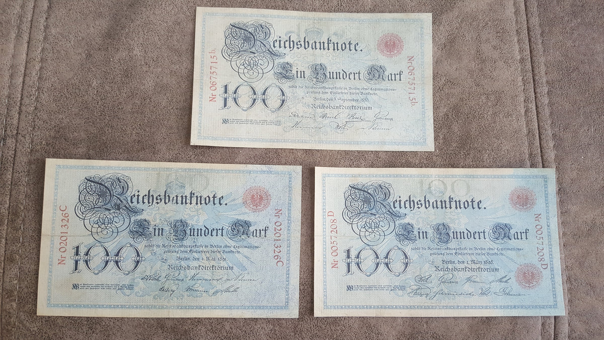 Obverse layout of Germany 1884 Imperial 100 Mark banknotes. Displays early Reichsbank calligraphic scripts, traditional imperial treasury seals, and highly detailed fine-line border scrollwork for currency grading.