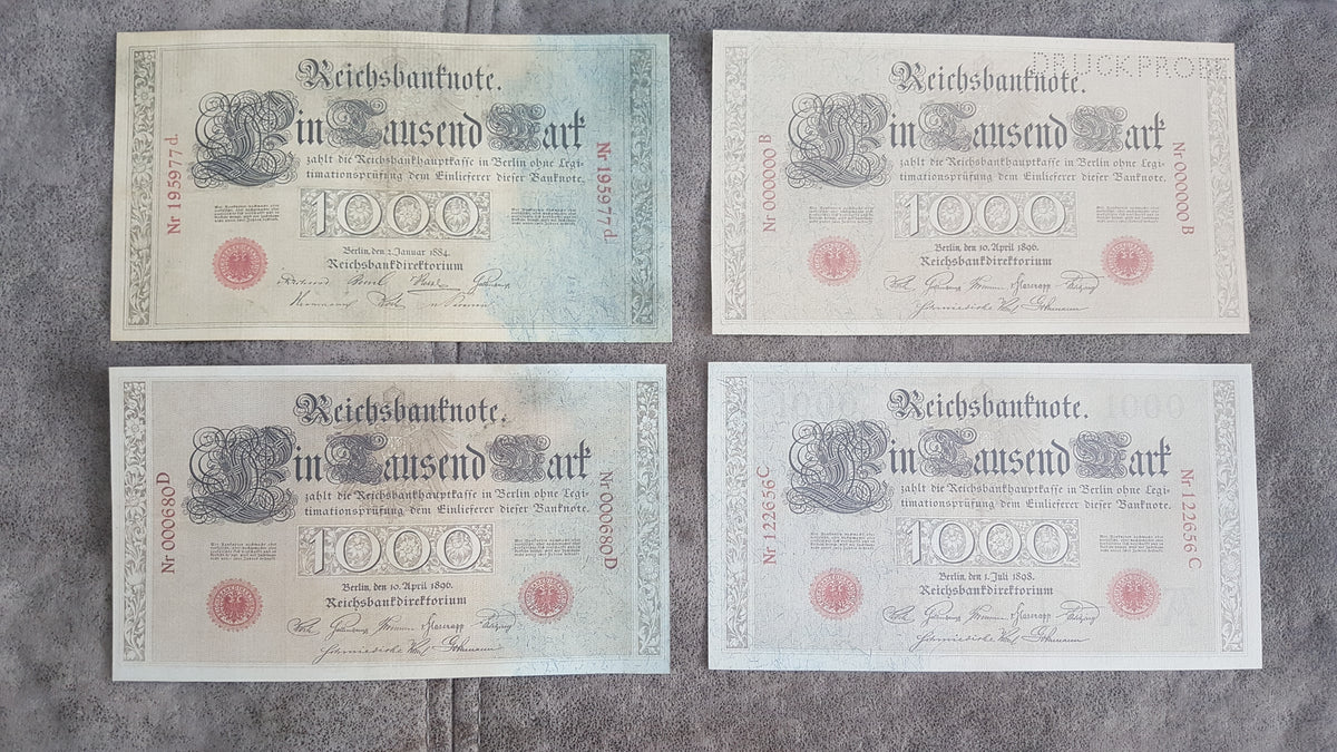 Obverse view of the rare high-denomination Germany 1884, 1896, and 1898 Series 1000 Mark Imperial Reichsbanknote issues. Displays magnificent large-format intaglio engraving and striking red treasury stamps.