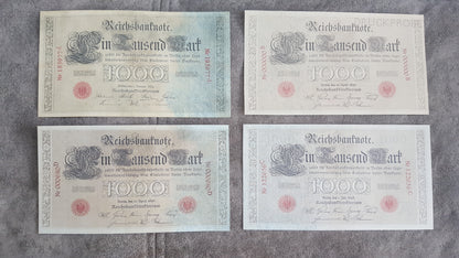 Obverse view of the rare high-denomination Germany 1884, 1896, and 1898 Series 1000 Mark Imperial Reichsbanknote issues. Displays magnificent large-format intaglio engraving and striking red treasury stamps.