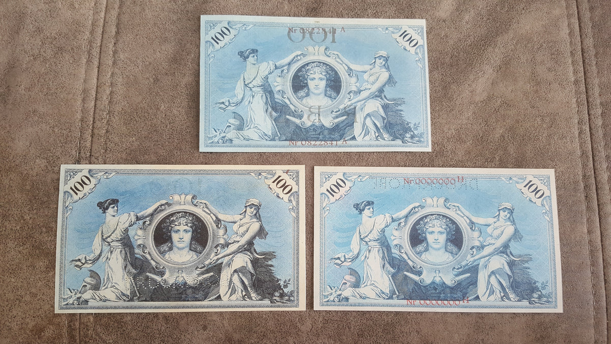 reverse comparison of late 19th and early 20th-century Germany 100 Mark banknotes, demonstrating historical paper wear variations and distinct printing press ink penetration.