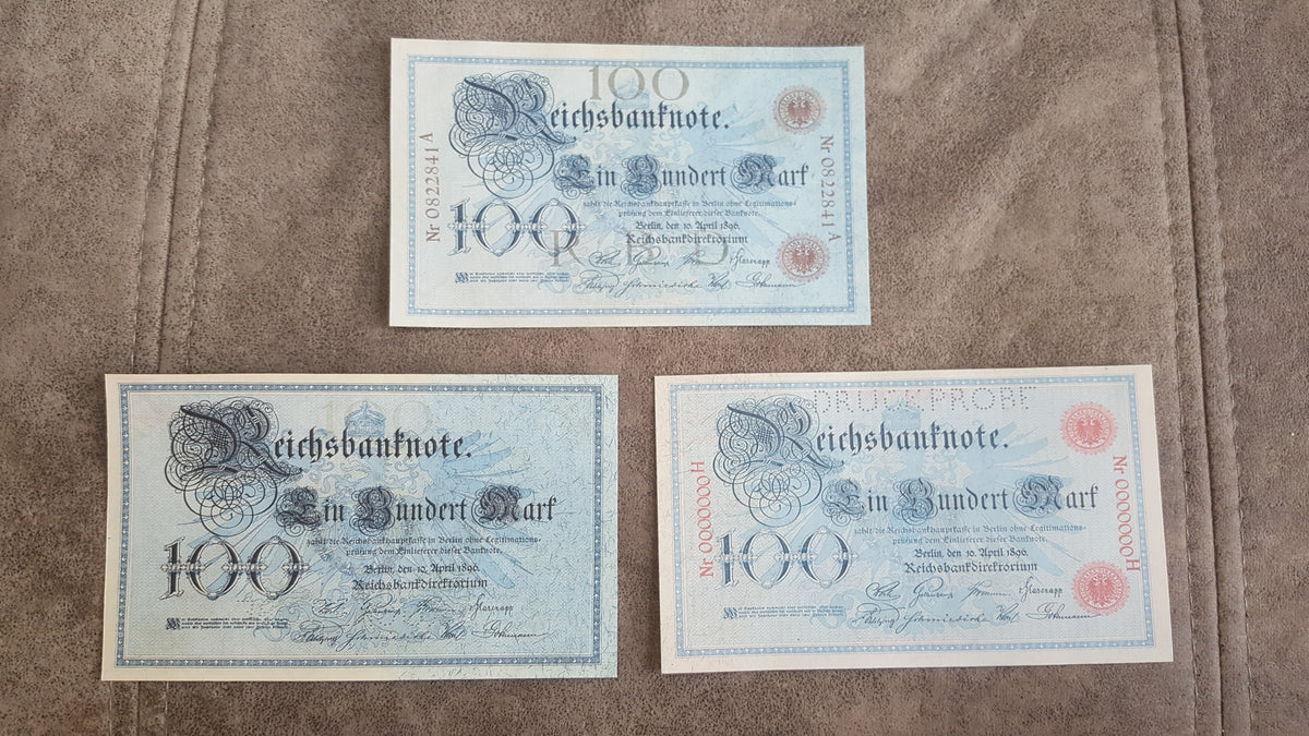 Obverse presentation of Germany 1891 and 1896 series 100 Mark treasury notes. Features early Kaiserreich numismatic layouts, intricate central denomination shields, and official imperial signature blocks.