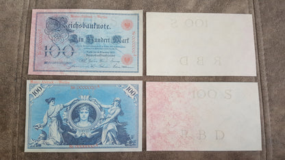 Obverse presentation of Germany 1905 100 Mark rare one-sided Specimen banknotes. Showcases the iconic blue-tinted security backgrounds, crisp imperial eagle crests, and distinct archival specimen fonts.